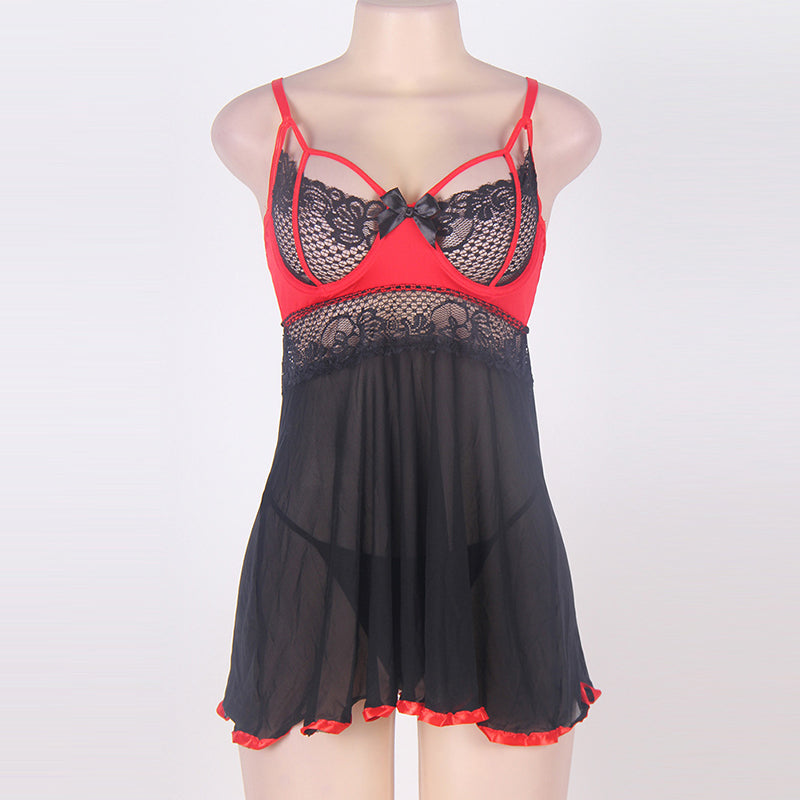 Large Size Sexy Lingerie Lace Black And Red Stitching Strap Nightdress Open Back Large Size 6xl Cute Girl Nightdress