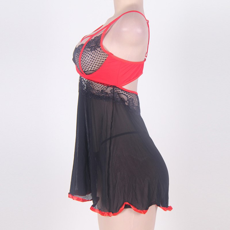 Large Size Sexy Lingerie Lace Black And Red Stitching Strap Nightdress Open Back Large Size 6xl Cute Girl Nightdress