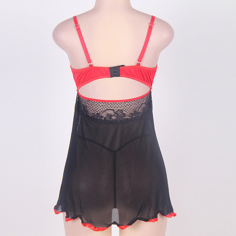 Large Size Sexy Lingerie Lace Black And Red Stitching Strap Nightdress Open Back Large Size 6xl Cute Girl Nightdress