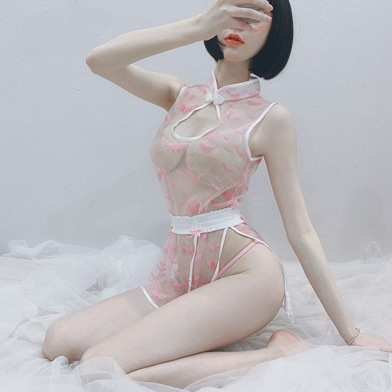 Sexy Cheongsam Hollow Peach Lace Cheongsam Lingerie S