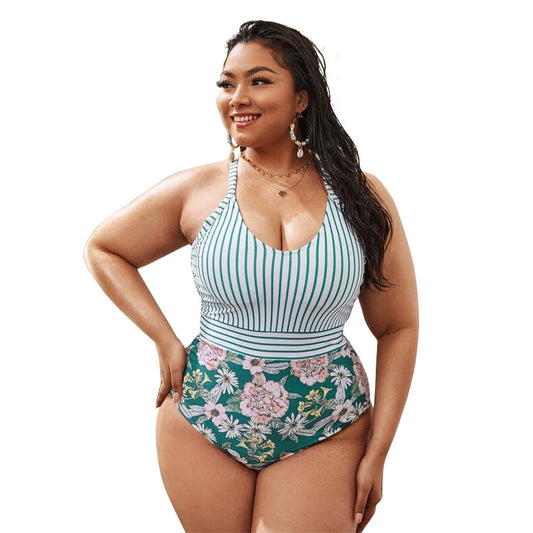 Plus Size Ladies Striped Swimwear