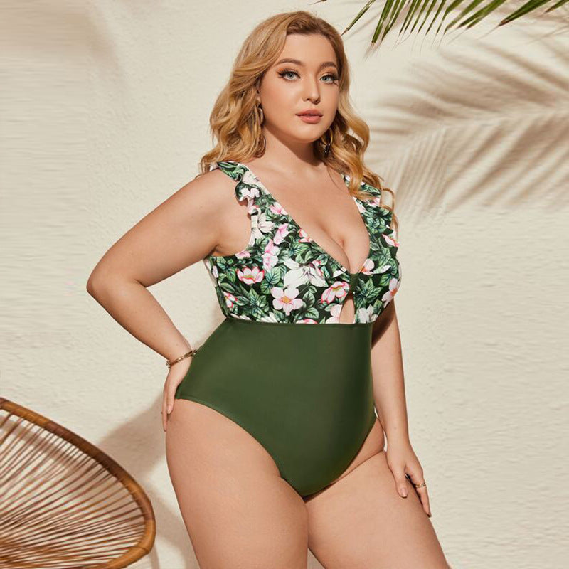 Plus Size One Piece Floral Print Bikini Fat Woman Swimsuit