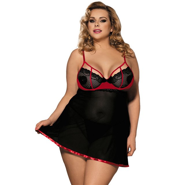 Large Size Sexy Lingerie Lace Black And Red Stitching Strap Nightdress Open Back Large Size 6xl Cute Girl Nightdress