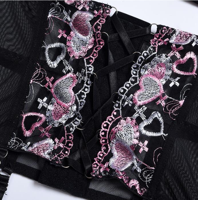 Three Pieces Female Sexy Lingerie Love Embroidery Girdle Cross Strap Sexy Lingerie