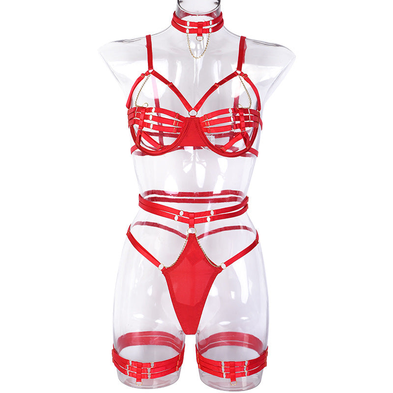 Naughty By Plazena Buckle Strap Bra, Thong and Garter Set